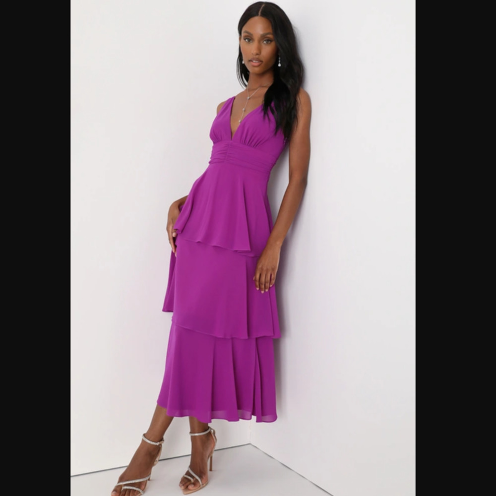 NWT Lulus Celebration Time Purple Sleeveless Tiered Midi Dress